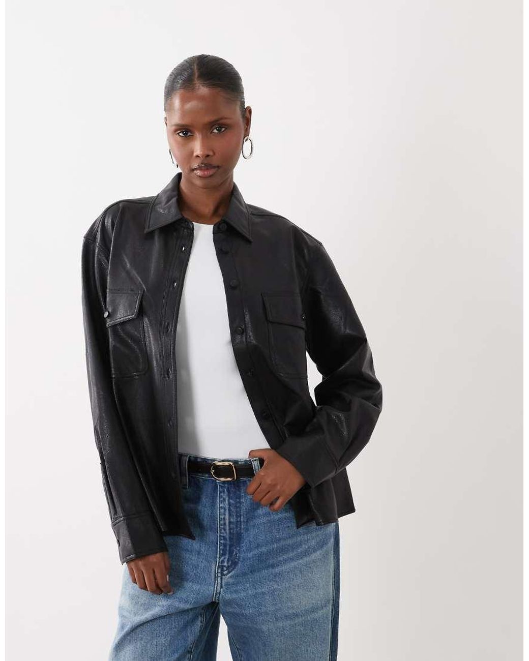 GOOD AMERICAN Blue Faux Leather Shirt