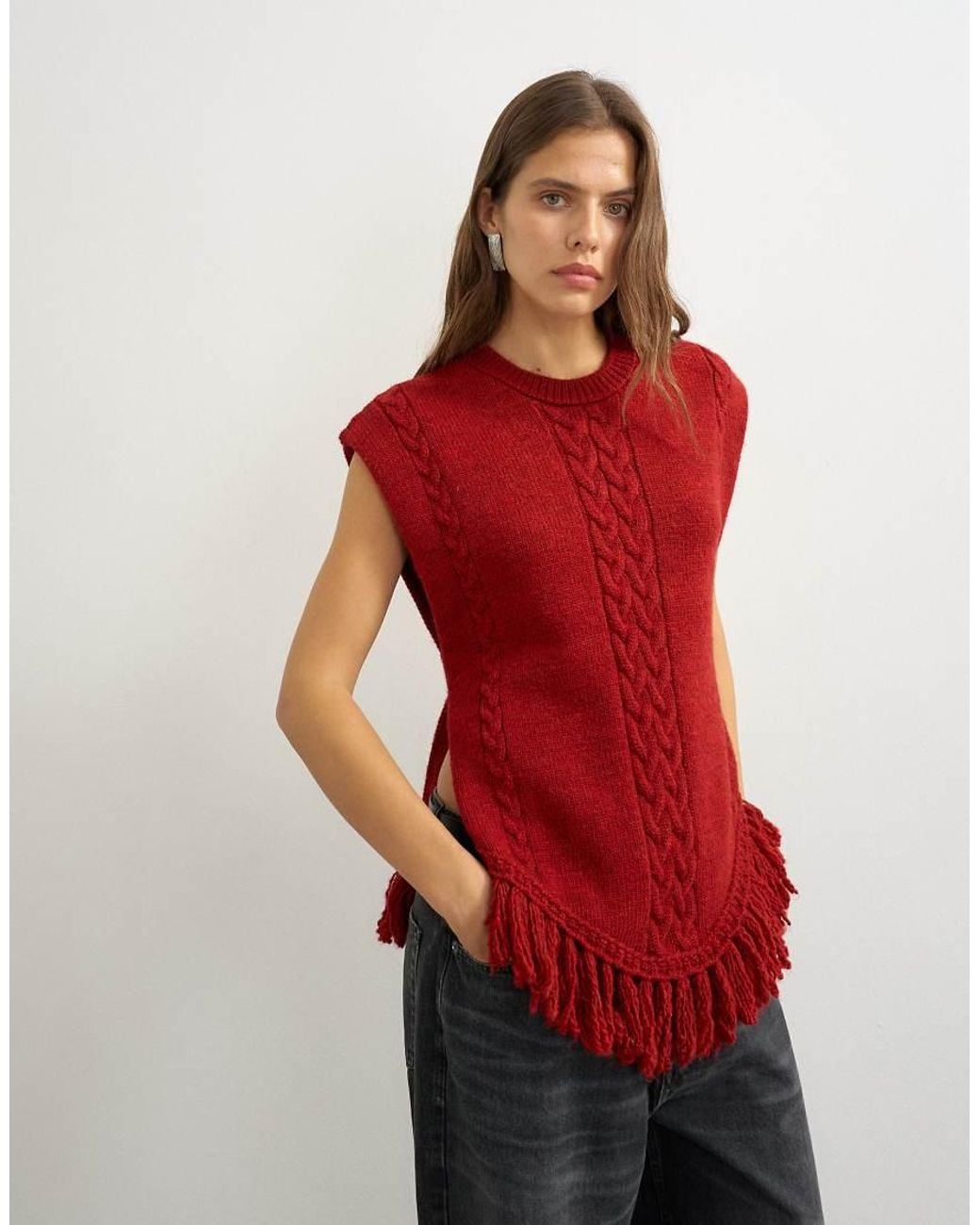 TOPSHOP Red Knitted Fringe Poncho