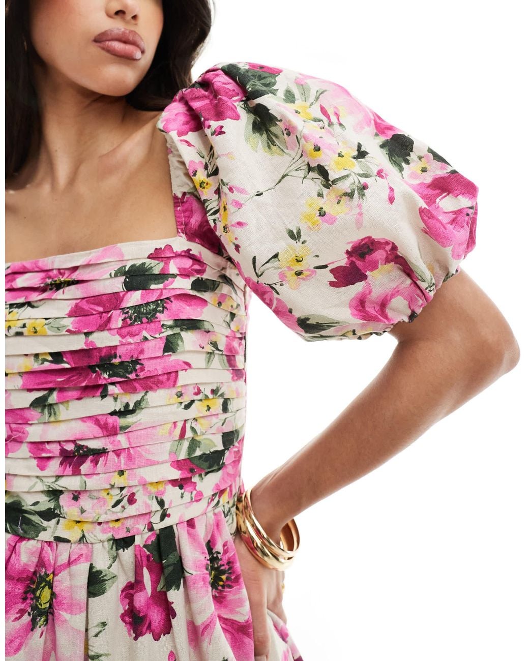 emerson linen-blend puff sleeve midi dress NWT Abercrombie Fitch Emerson Poplin Puff Sleeve Midi Dress Floral Blue XS Tall