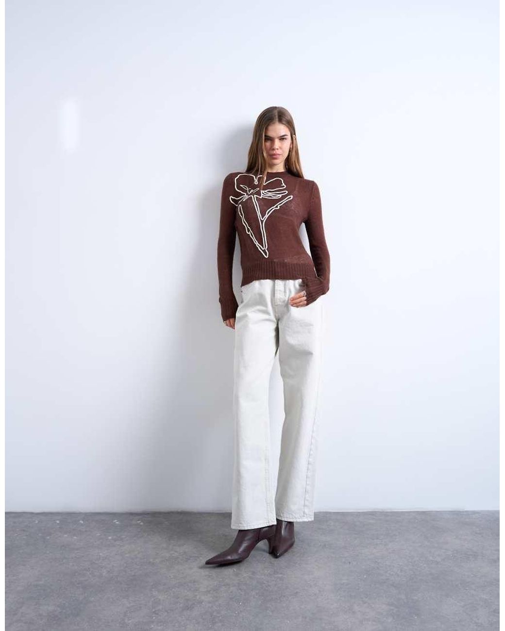 TOPSHOP White Knitted Sheer Embroidered Floral Top