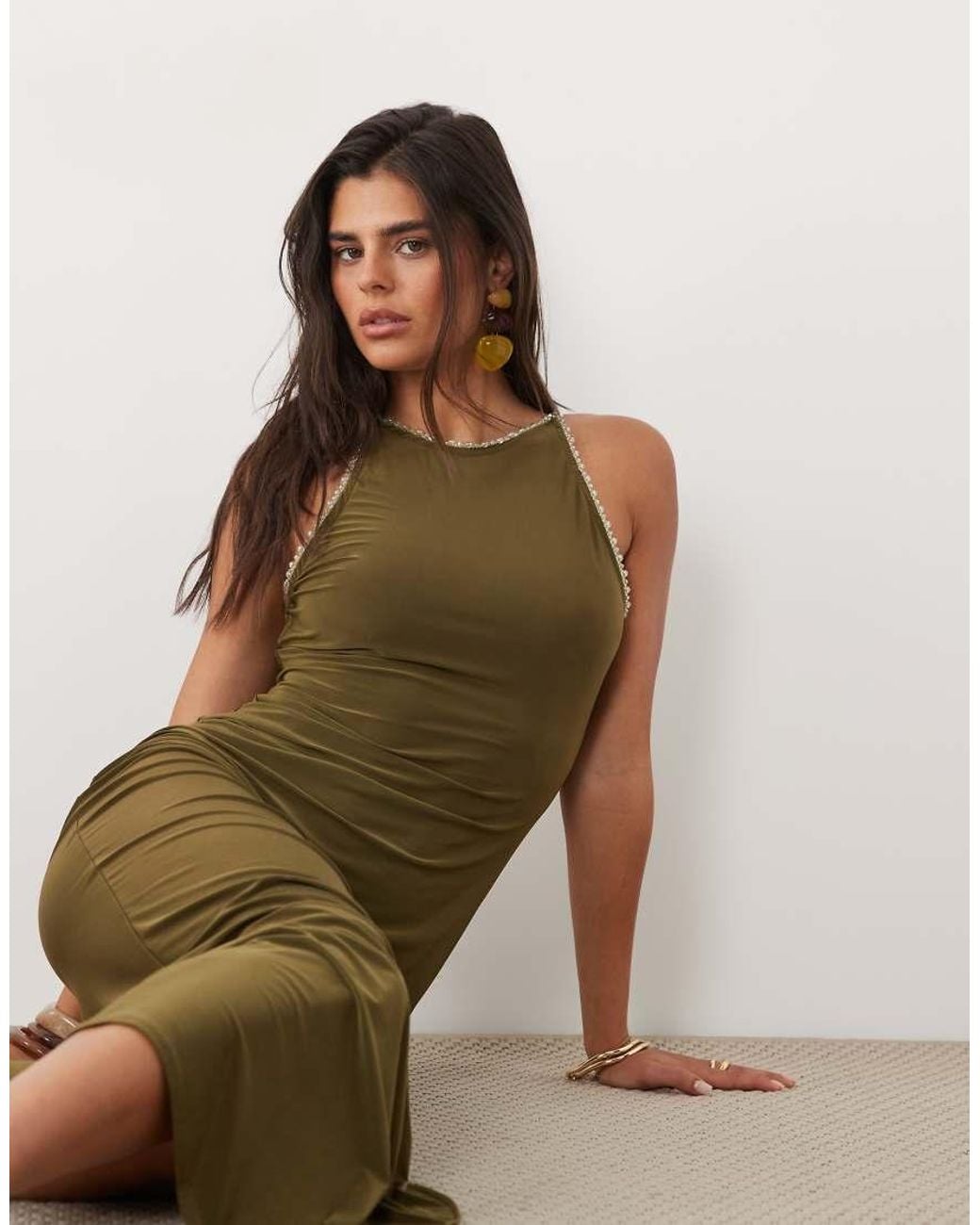 ASOS Green Racer Neck Maxi Dress With Trim Detailing