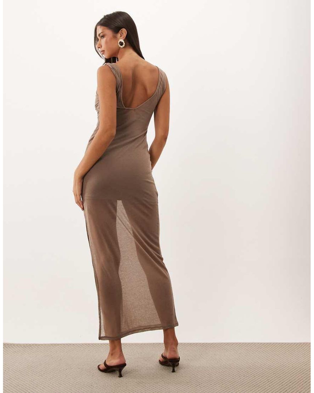 ASOS Natural Semi Sheer Knit Look Column Maxi Dress With Twist Bust Detail