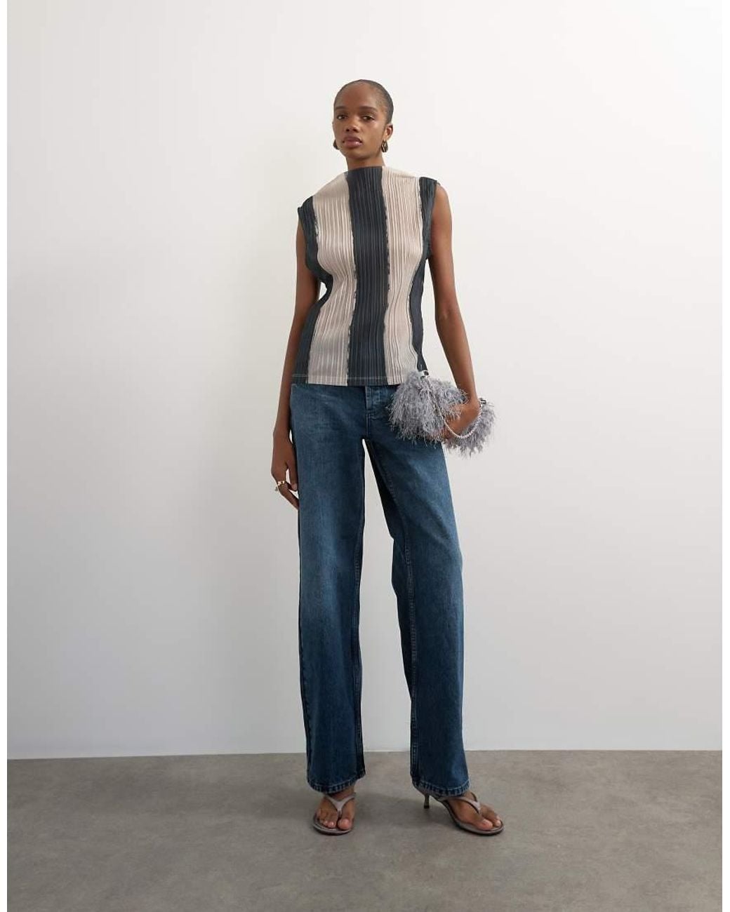 TOPSHOP White High Neck Sleeveless Plisse Top