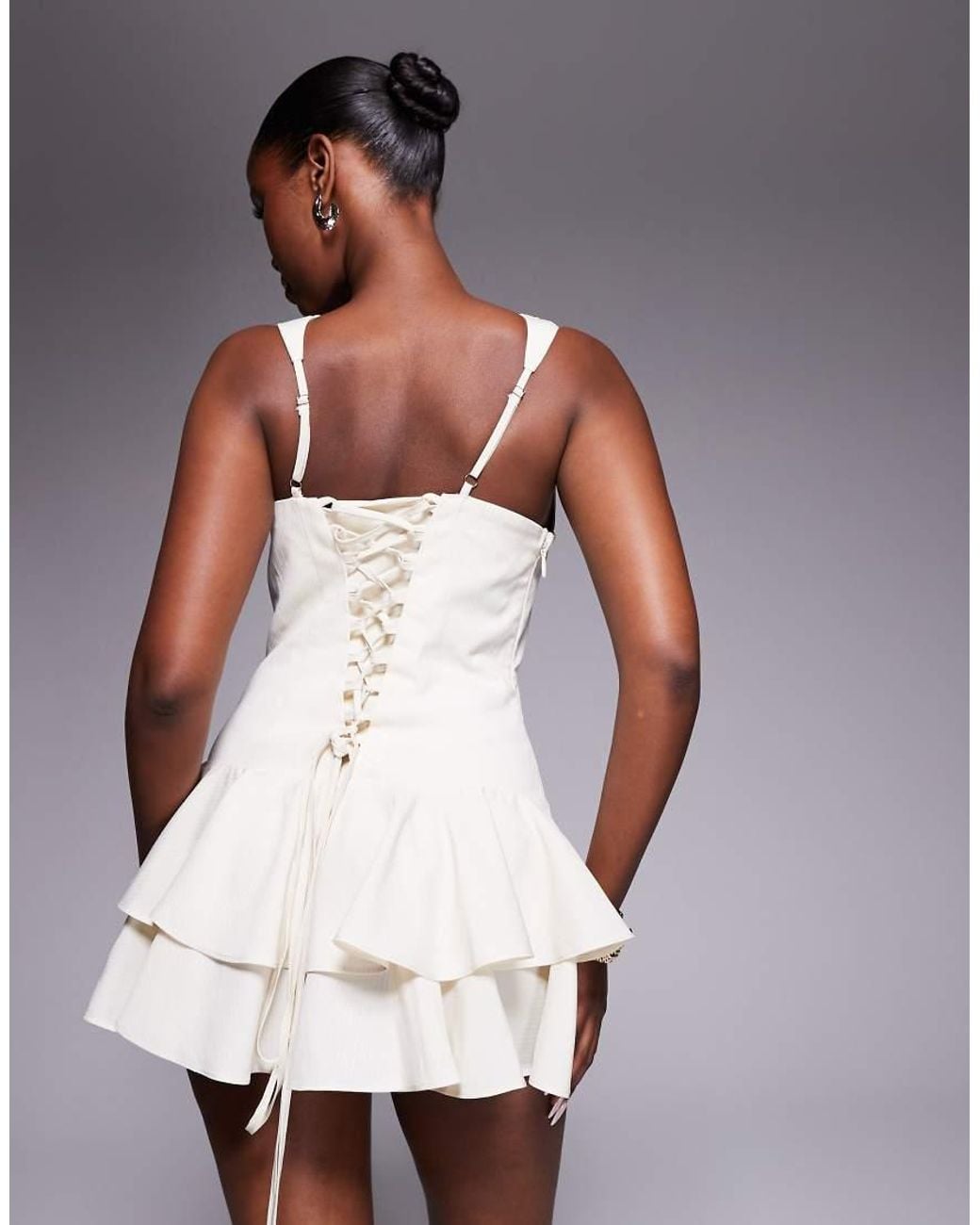 Murci White Plunge Hook & Eye Ruffle Hem Mini Dress
