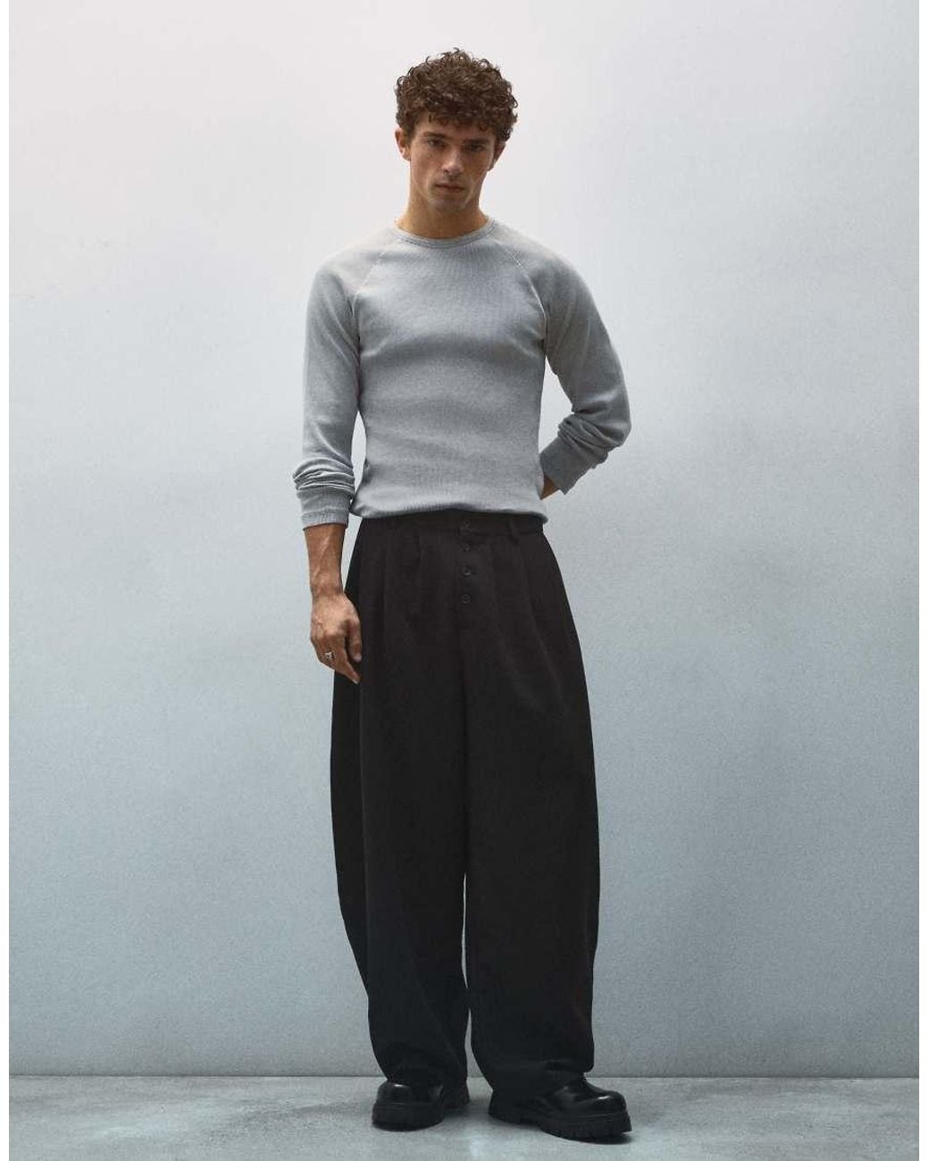 Bershka Black Darted Barrel Tailored Fit Trousers for men