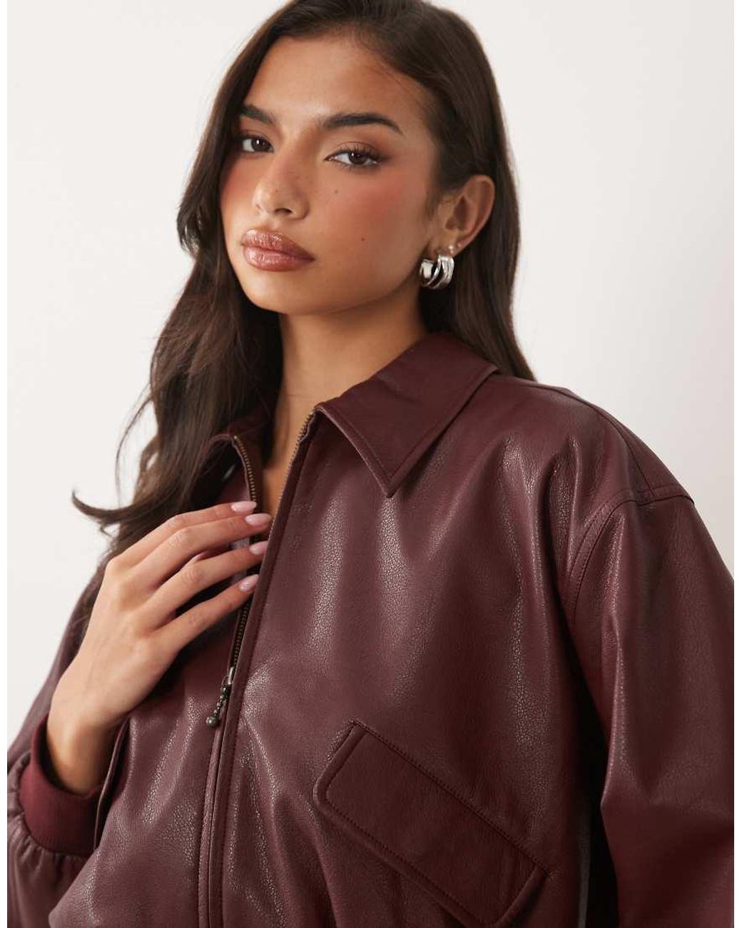 GOOD AMERICAN Brown Faux Leather Cropped Bomber Jacket