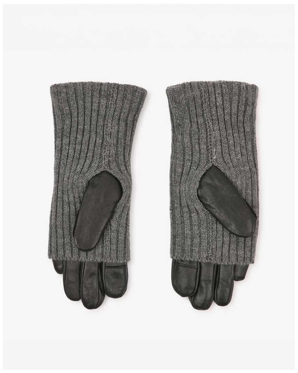 Barney's Originals Gray Real Leather Gloves With Knitted Cuff
