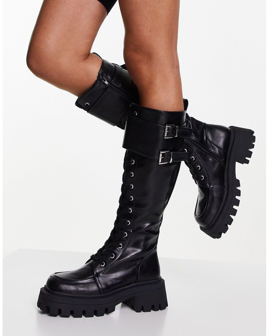 ASOS Cranberry Chunky Lace Up Knee Boots in Black | Lyst UK