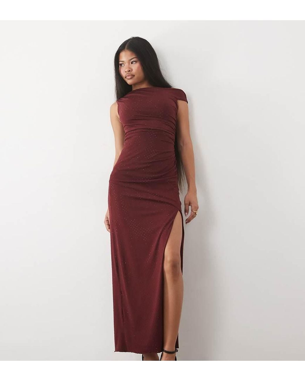 TFNC London Red Hotfix Fallen Shoulder Thigh High Split Maxi Dress