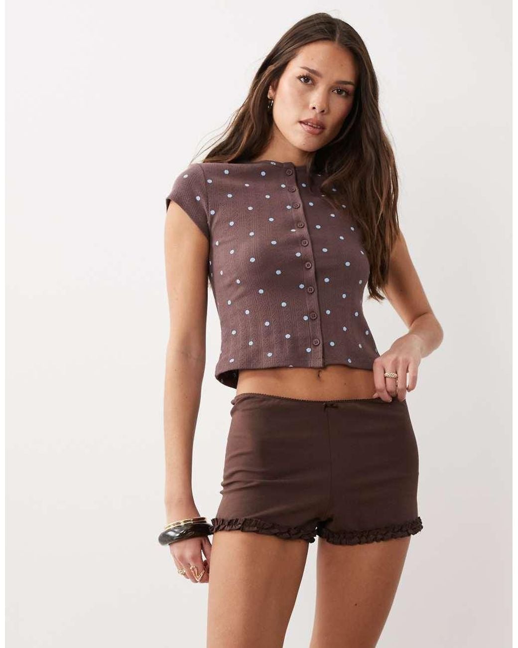 Miss Selfridge Brown Micro Mini Shorts With Ruffle Hem Detail