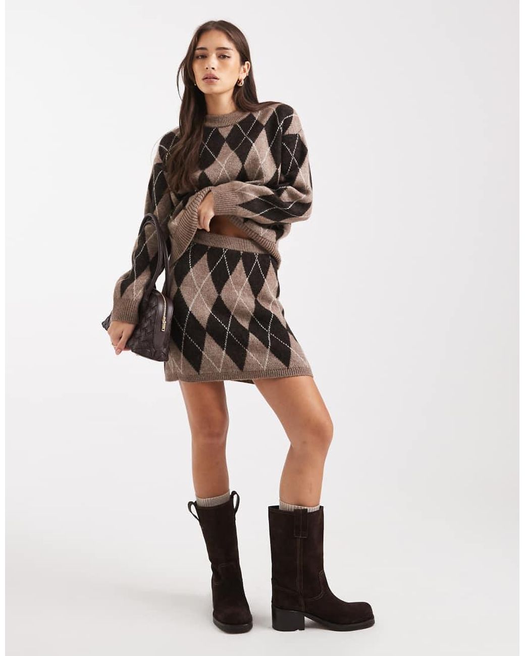 New Look Brown Argyle Mini Skirt