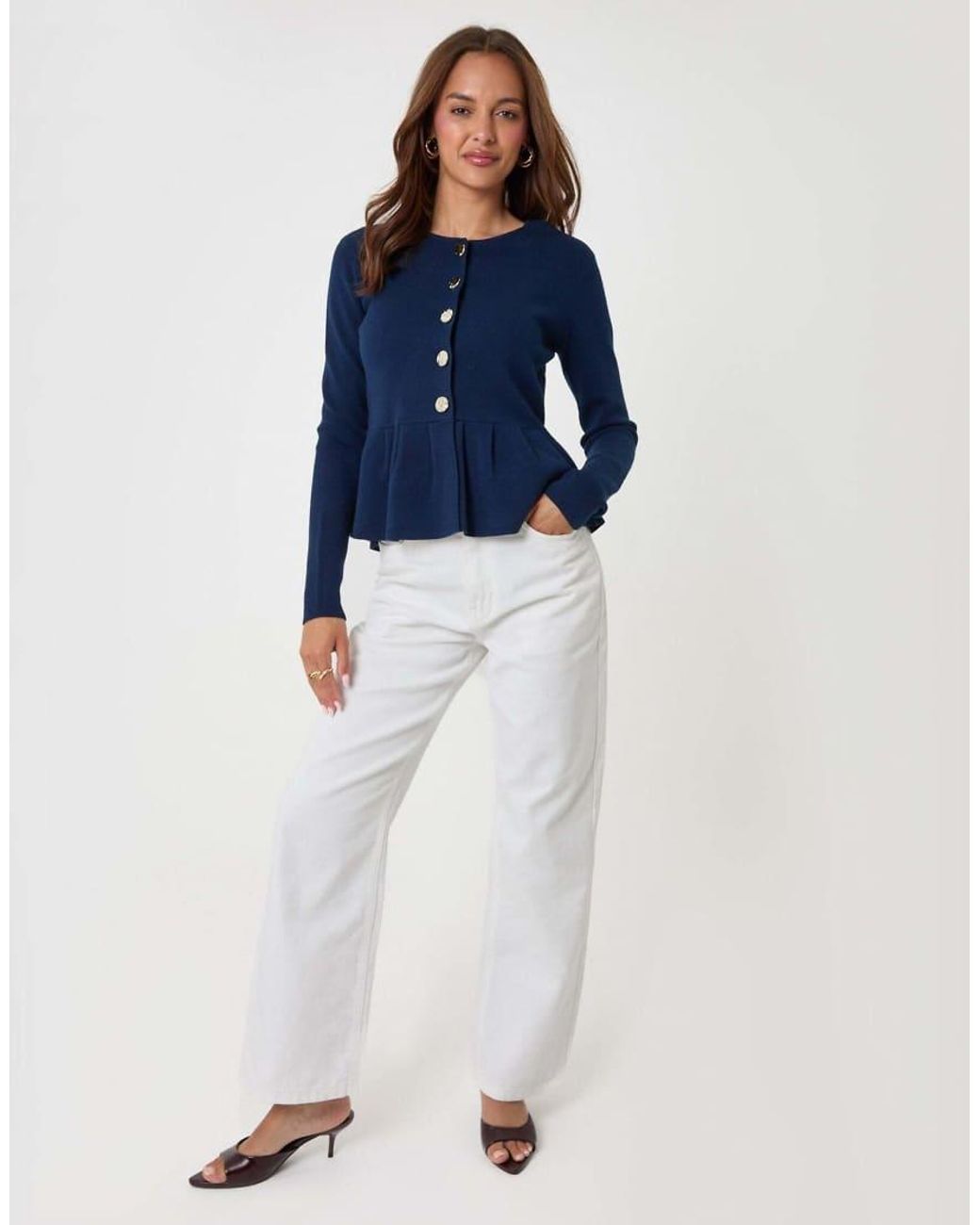 Threadbare Blue Crew Neck Peplum Cardigan