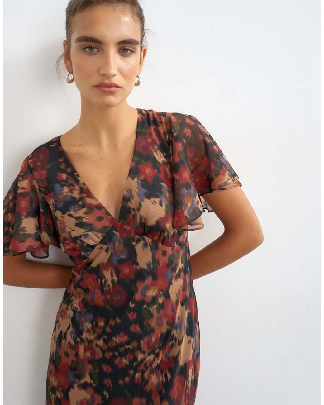 TOPSHOP Brown Flutter Sleeve Floral Print Maxi Dress-multi