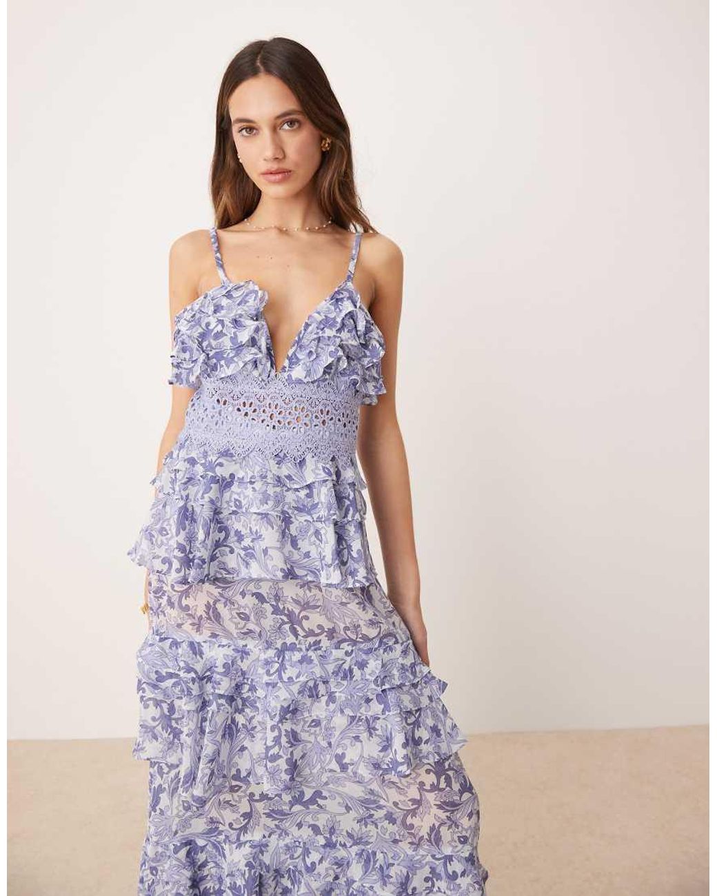 True Decadence Blue Tiered Ruffle V-Neck Maxi Dress