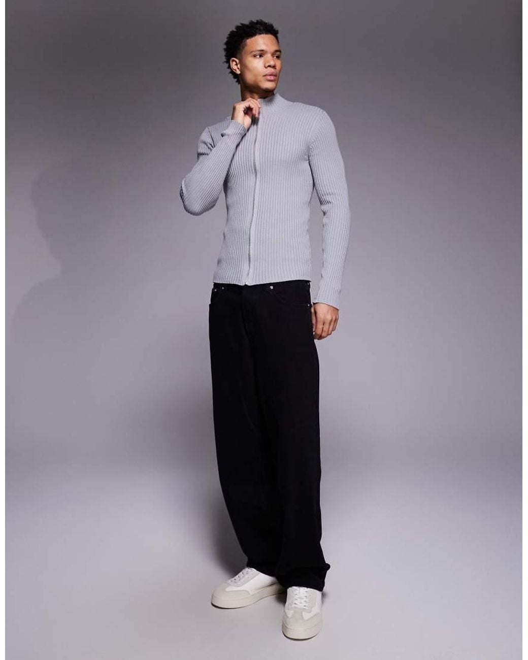ASOS Gray Muscle Fit Knitted Rib Zip Through Jacket for men