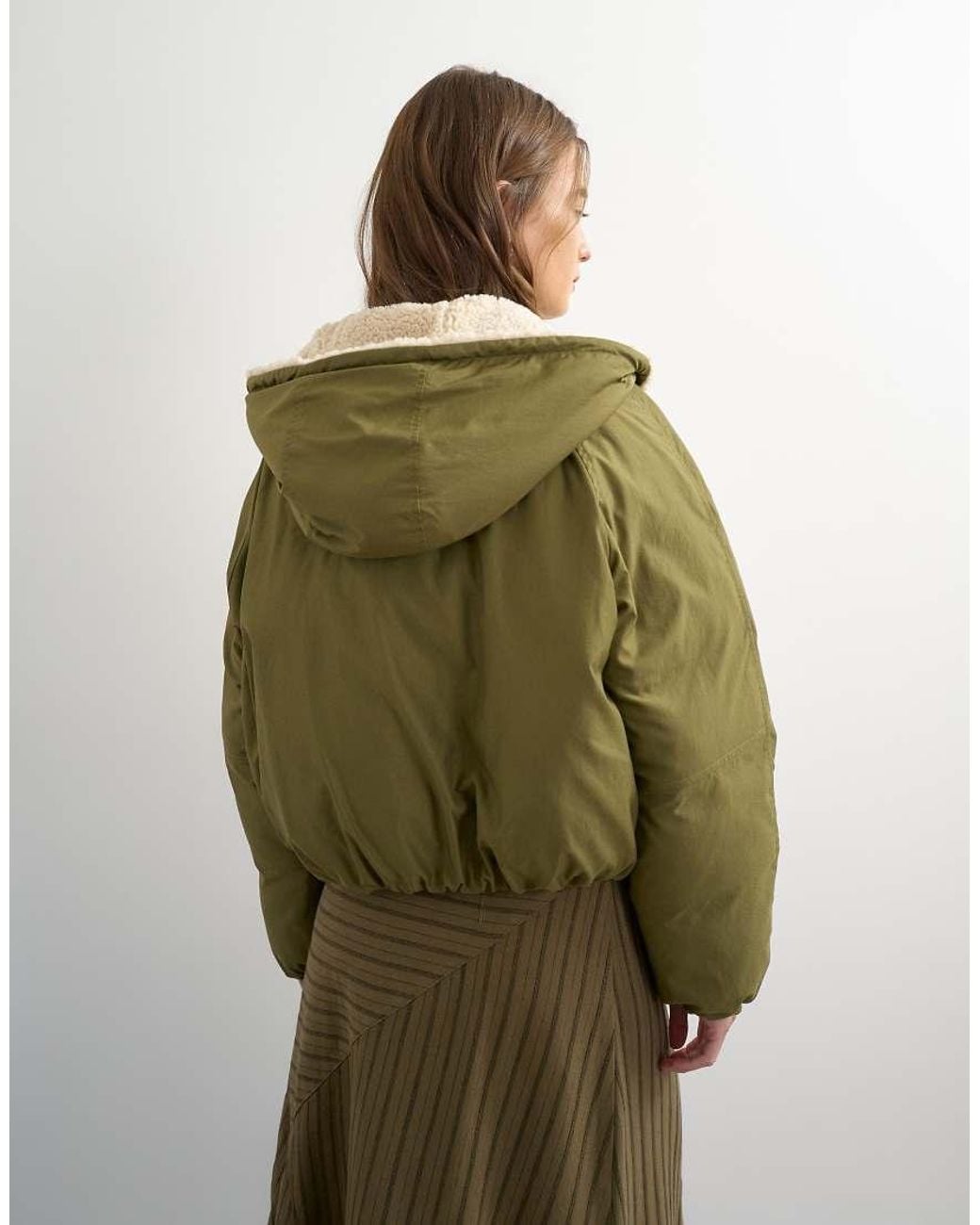 TOPSHOP Green toggle Borg Collar Short Puffer Jacket