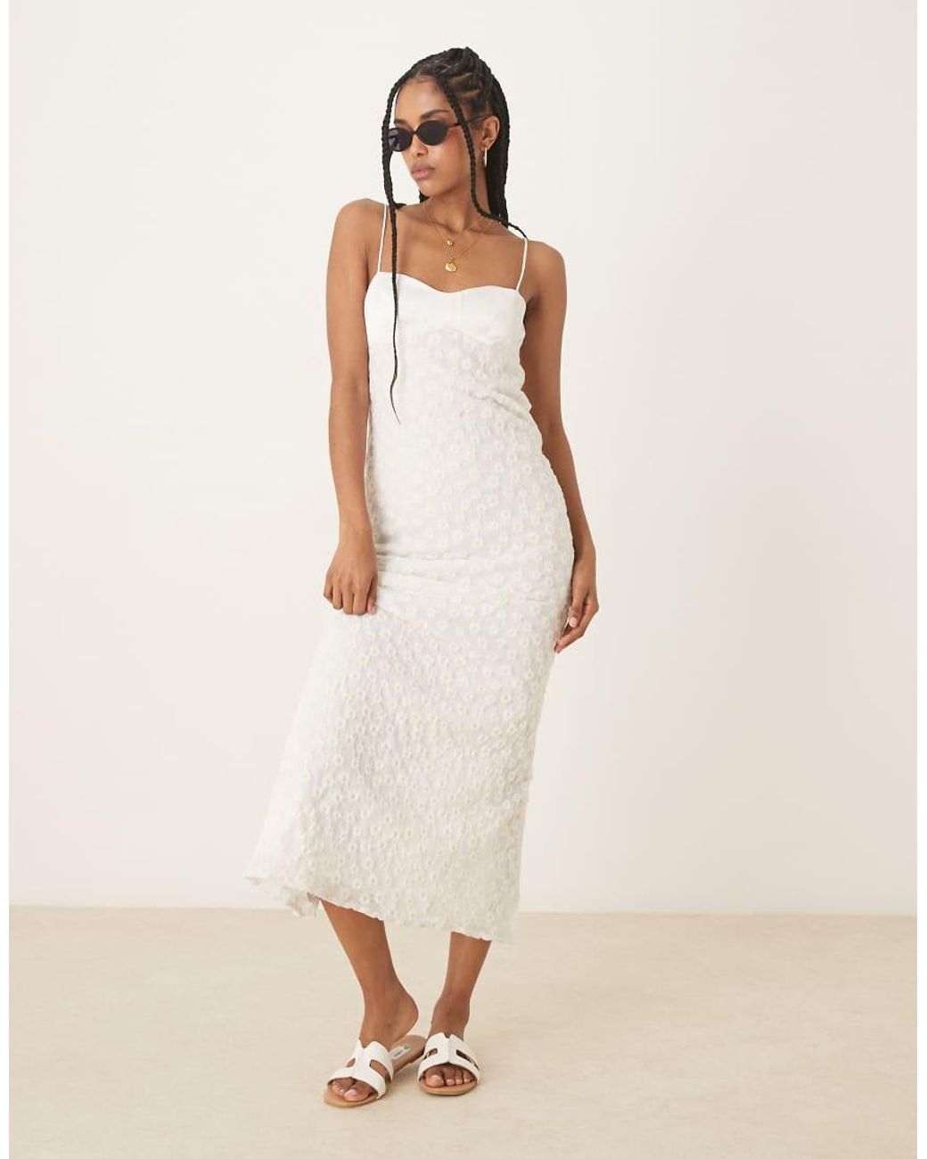 ASOS Natural Cami Slip Dress With Daisy Embroidery & Contrast Satin Bust