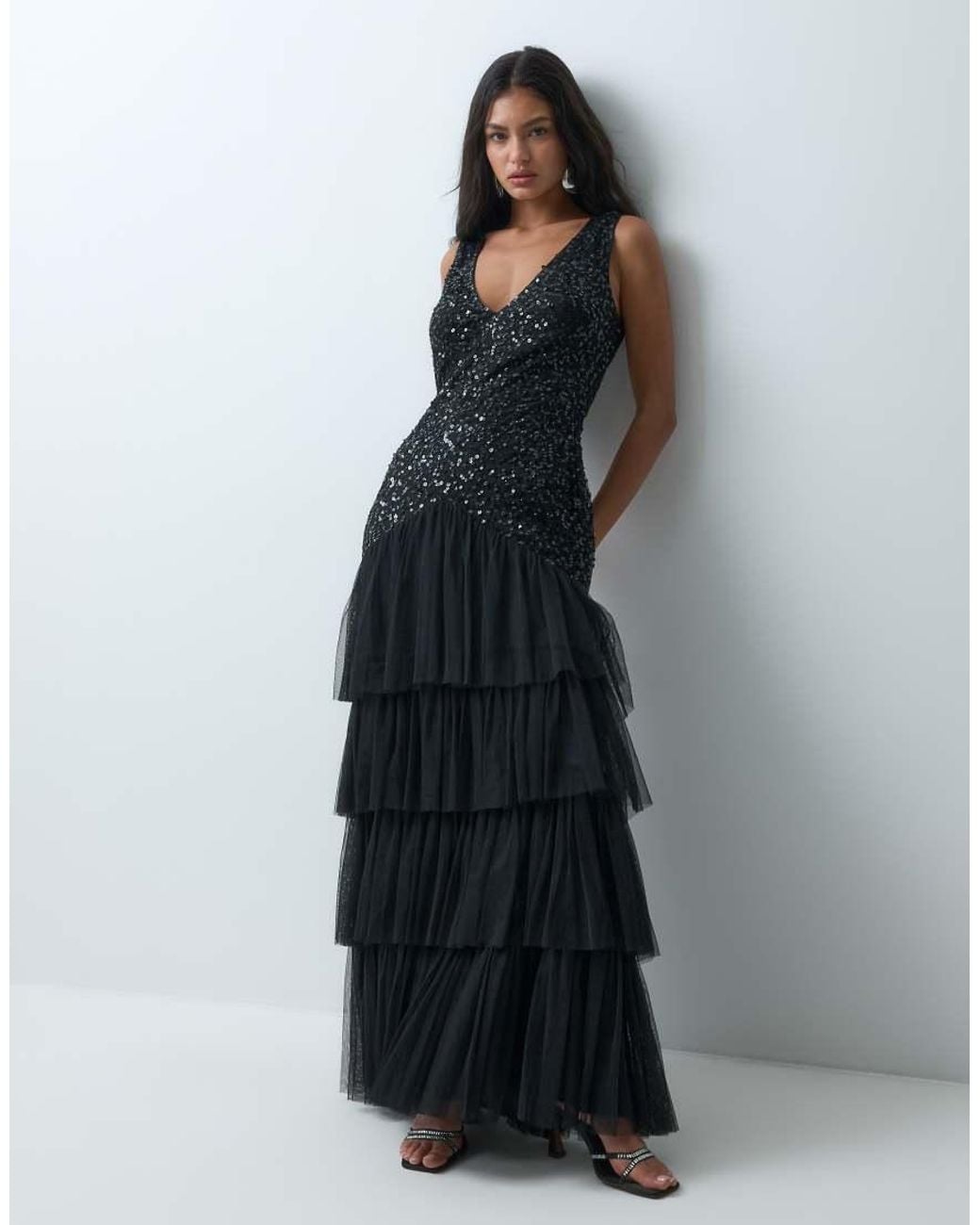 LACE & BEADS Gray Embellished Plunge Neck Drop Waist Tiered Skirt Maxi Dress