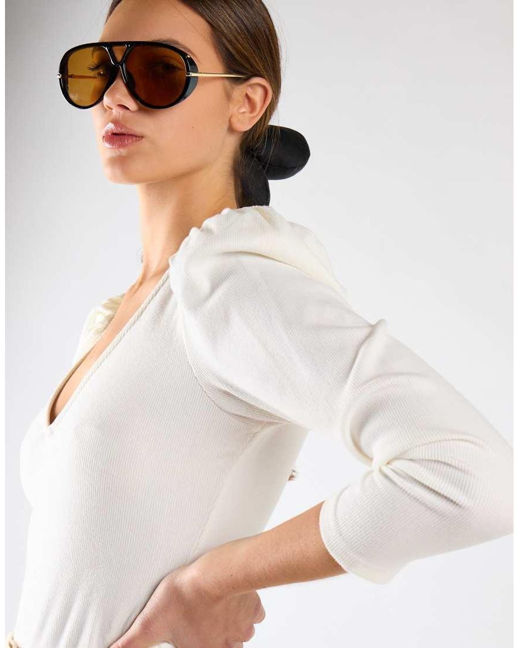 Glamorous White V-Neck Puff Shoulder-Bodysuit