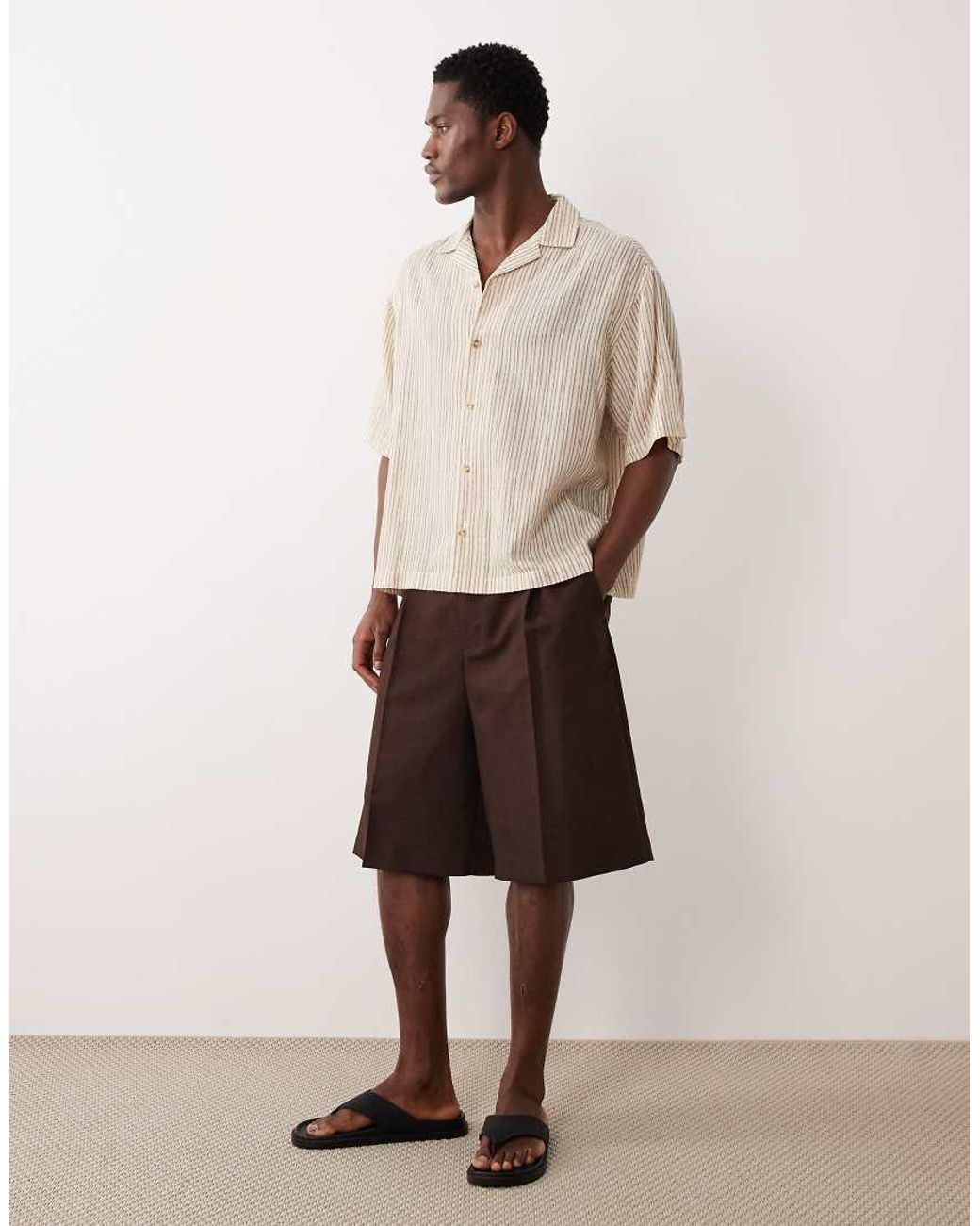 ASOS Natural Boxy Oversized Revere Stripe Shirt for men