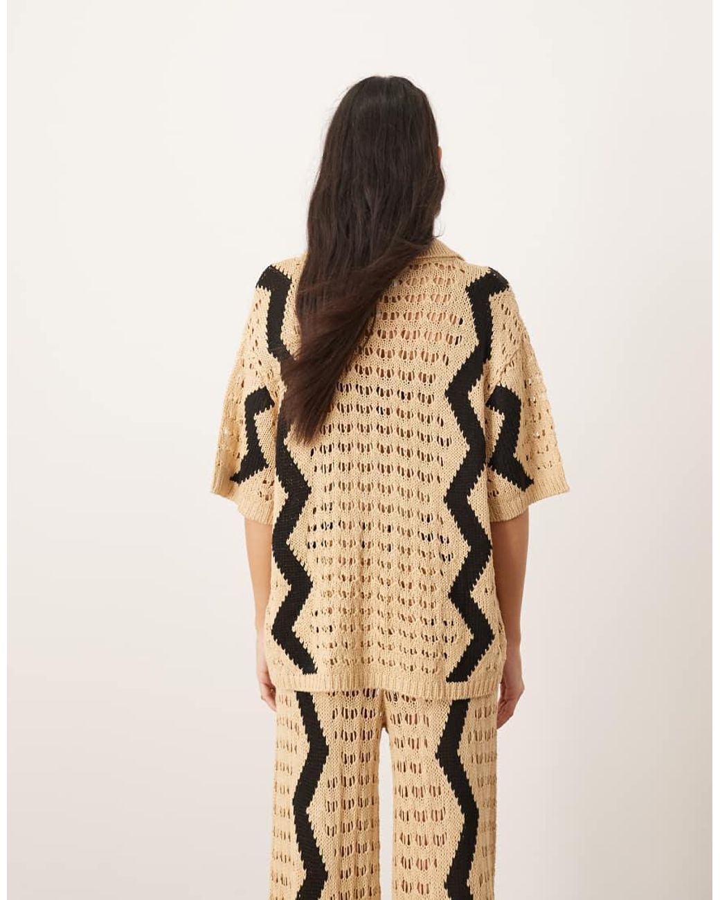 ARRANGE Natural Knitted Oversized Shirt With Zig Zag Co-ord
