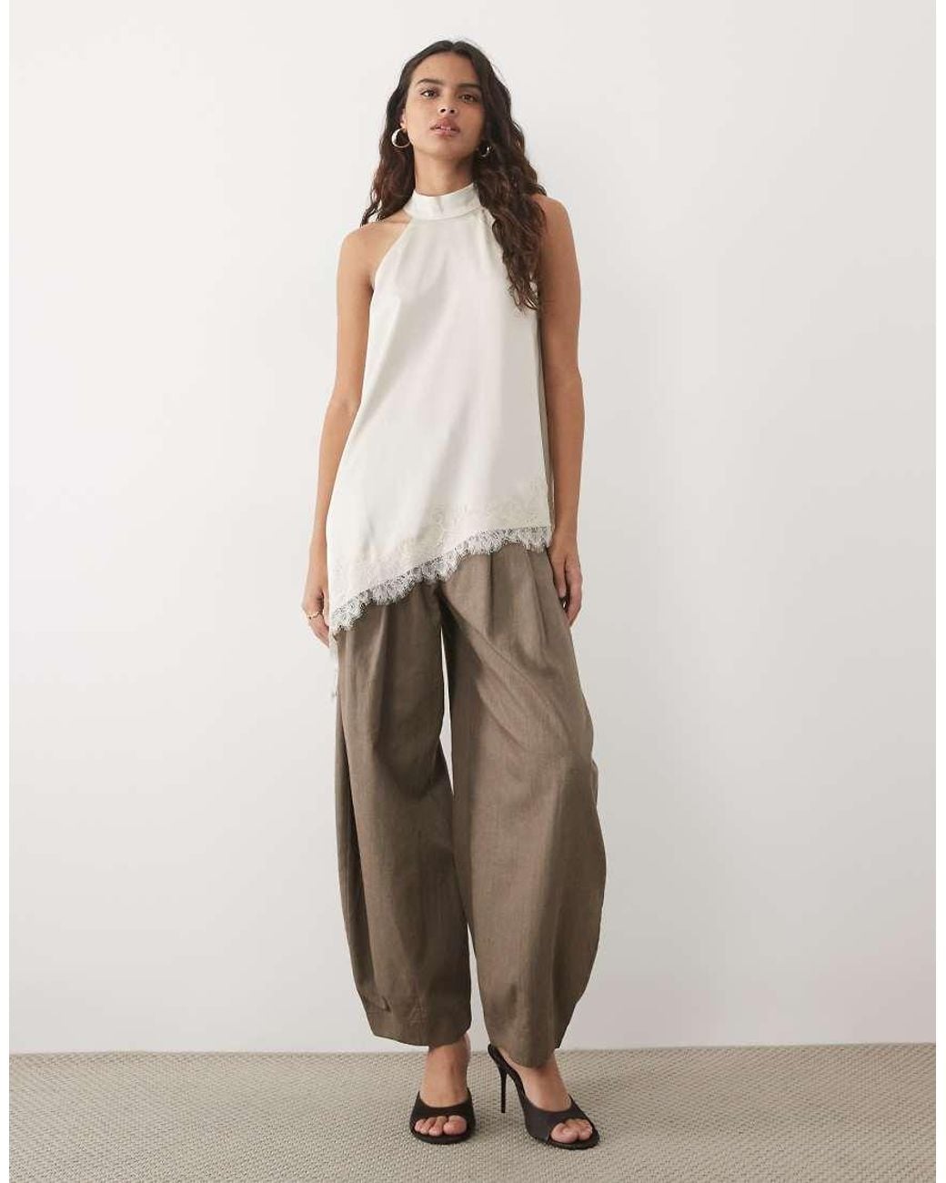 Jdy White Halterneck Satin Top With Lace Detail