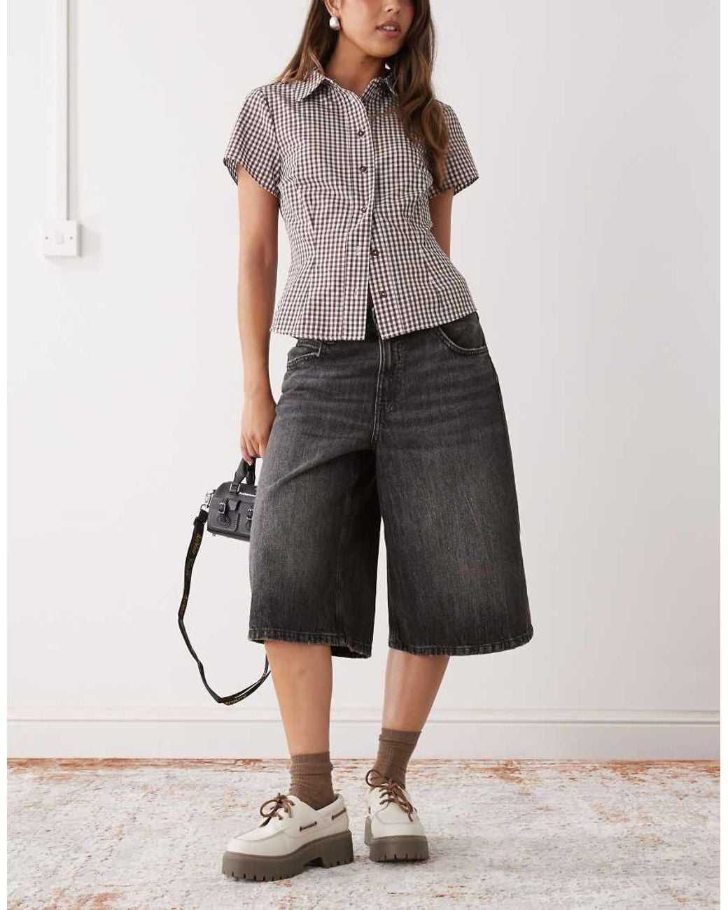 Collusion Gray Fitted Short Sleeve Gingham Shirt