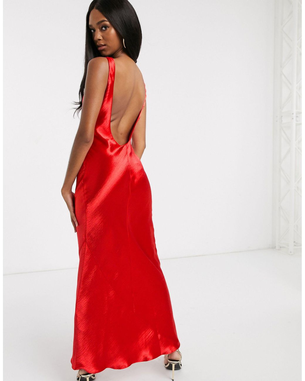 ASOS Back Bias Cut Satin Maxi Dress in Red | Lyst UK