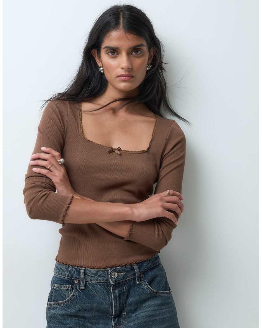 Miss Selfridge Brown Ruffle Edge Square Neck Top