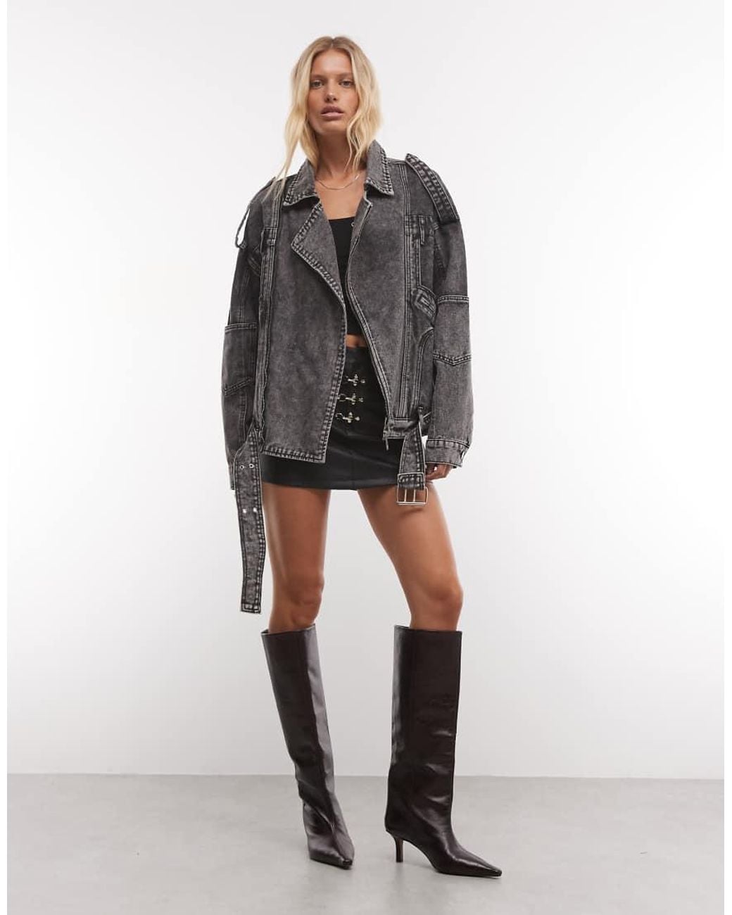 Liquor N Poker Gray Oversized Denim Biker Jacket