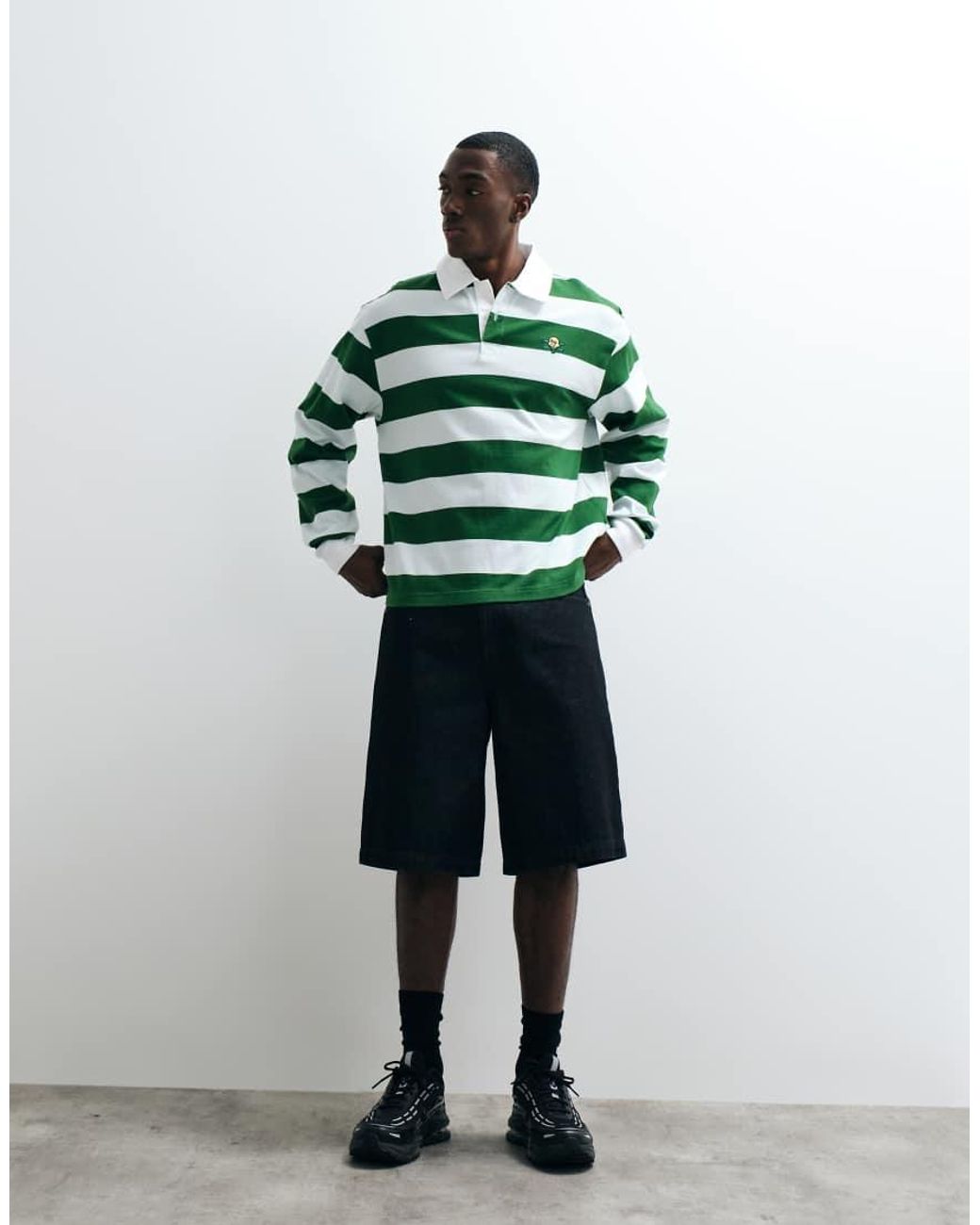ICECREAM Green Striped Long Sleeve Polo Neck T-shirt for men