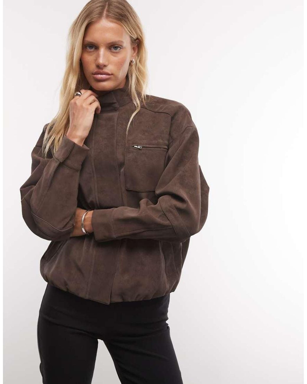 CERNUCCI Brown Faux Suede Funnel Neck Jacket
