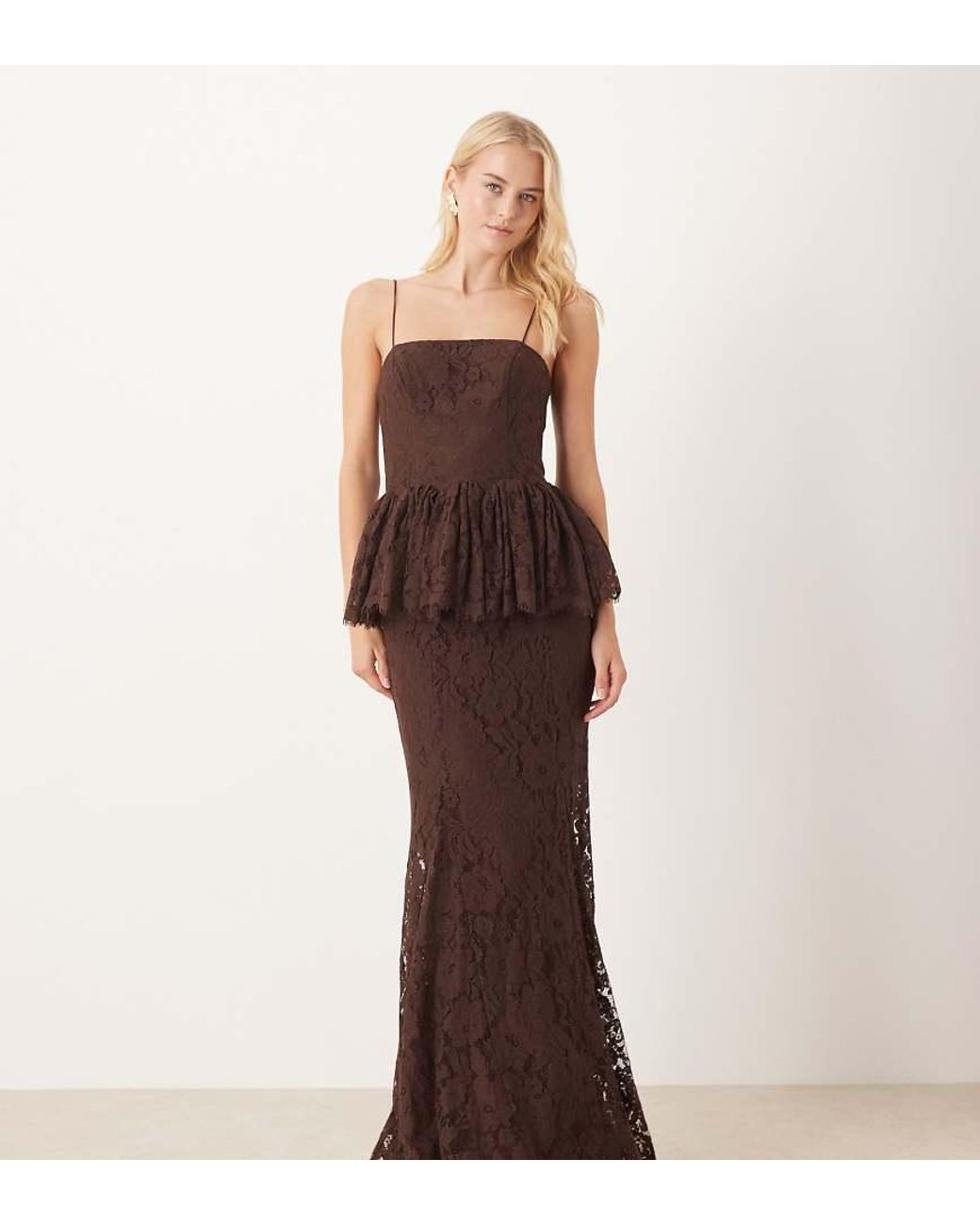 ASOS Brown Asos Design Tall Structured Lace Maxi Dress With Volume Godet Bodice
