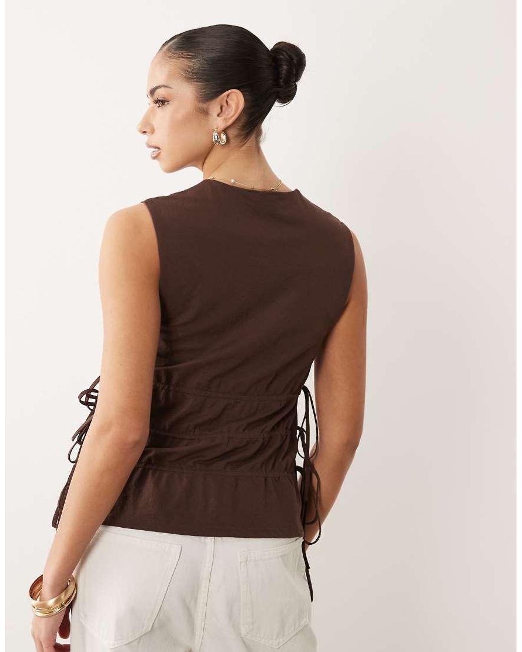 ASOS Brown Mix & Match Linen Look Sleeveless Top With Drawstring Waist