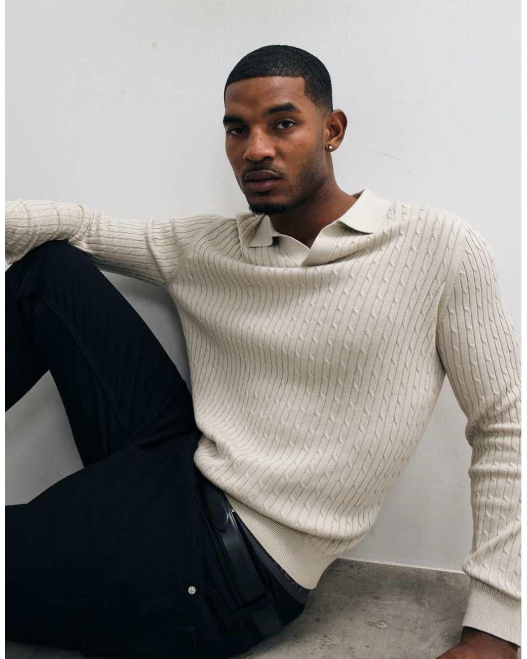 Mango Gray Knitted Revere Collar Sweater for men