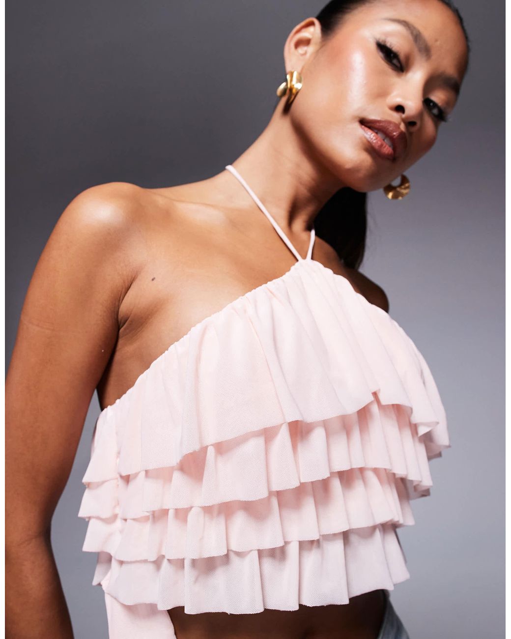AFRM Blue Halter Neck Ruffle Top