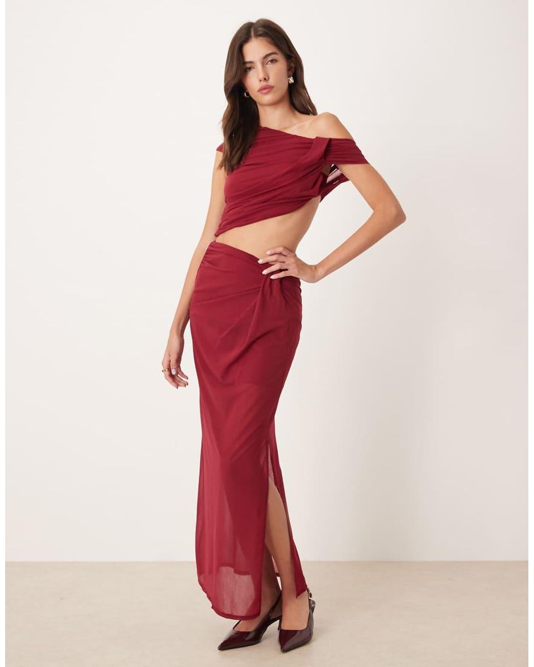 ASOS Red Semi Sheer Mesh Twist Detail Maxi Skirt