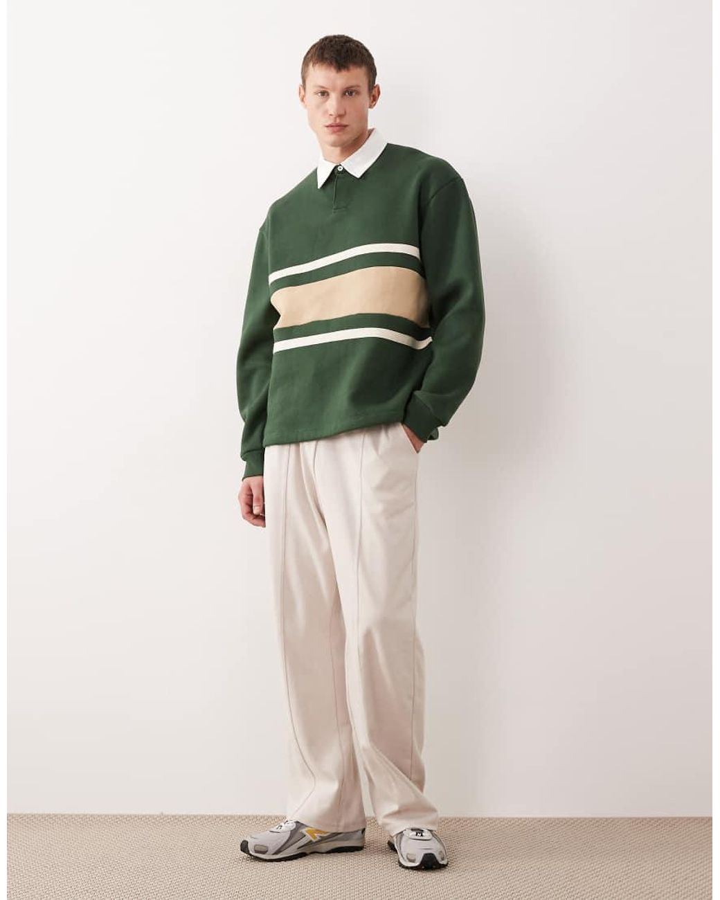 ASOS Green Relaxed Rugby Polo Sweatshirt With Cut & Sew Panel for men