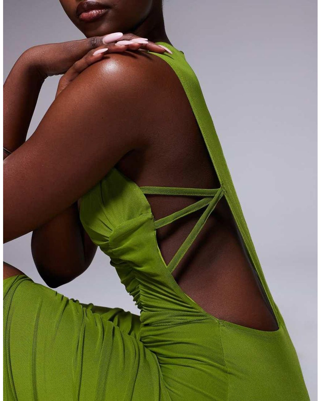 ASOS Green Strappy Back Ruched Mesh Maxi Dress