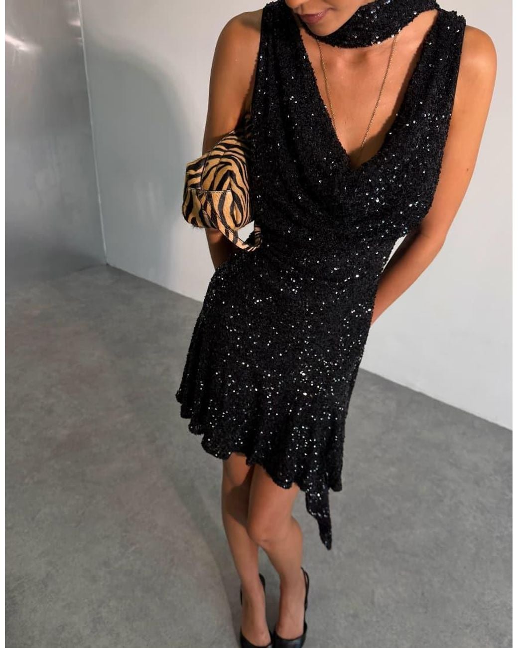 Never Fully Dressed Gray Sophie Sequin Plunge Cowl Neck Scarf Detail Mini Dress