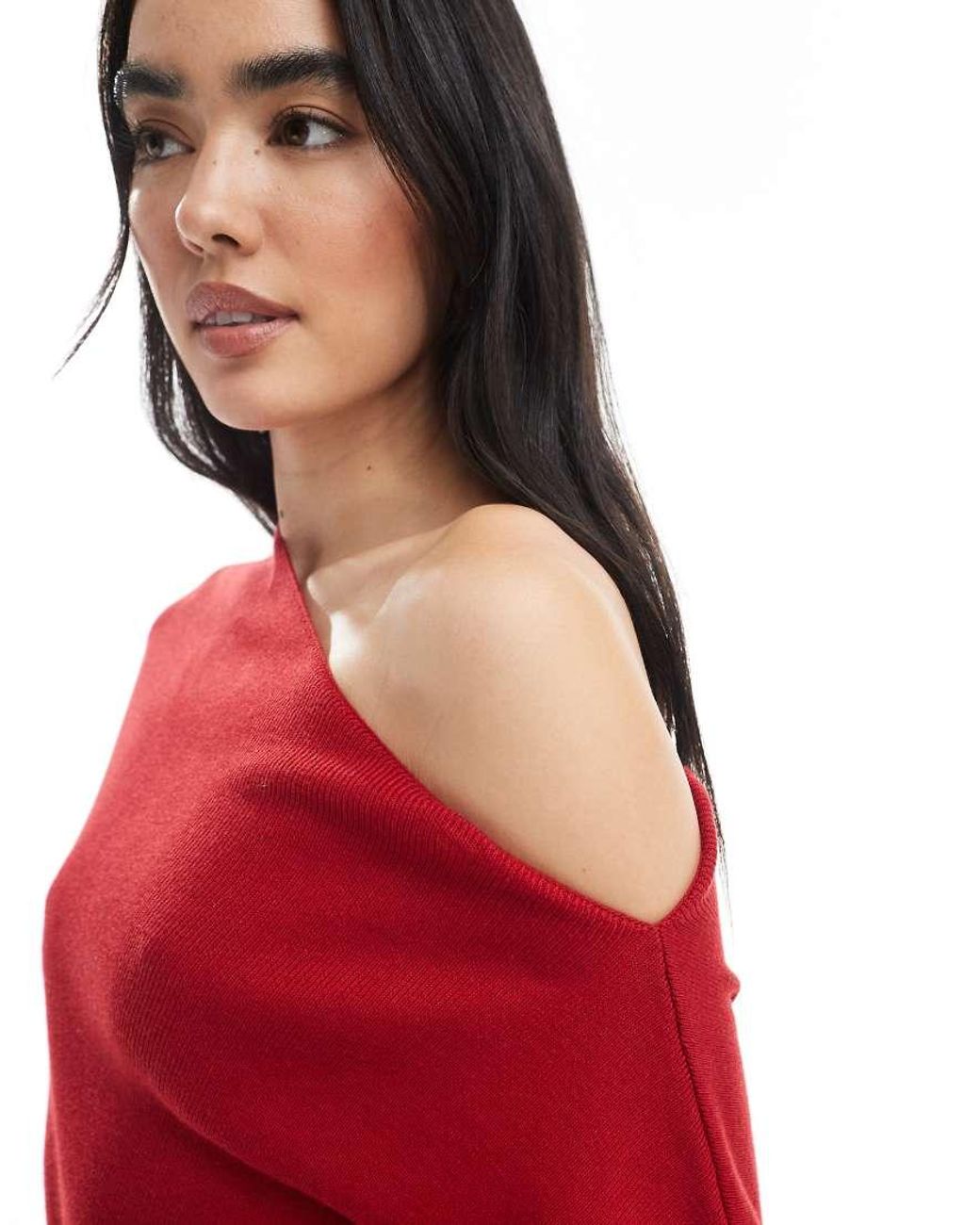 ASOS Geribbeld Gebreide Asymmetrische Top Met Blote Schouder in het Red