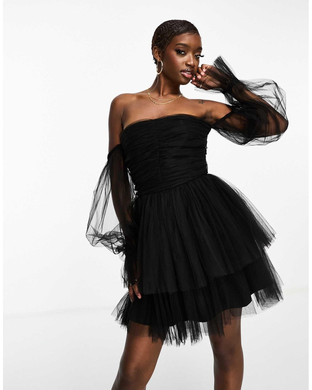 Asos bardot tulle ruched mini dress online