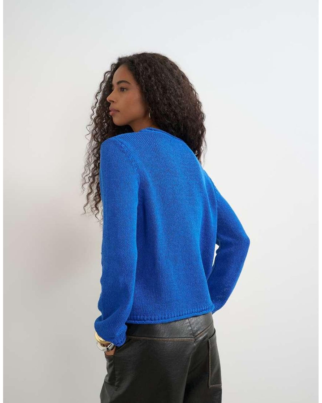 TOPSHOP Blue Knitted Long Sleeve Top With Roll Hem Trims