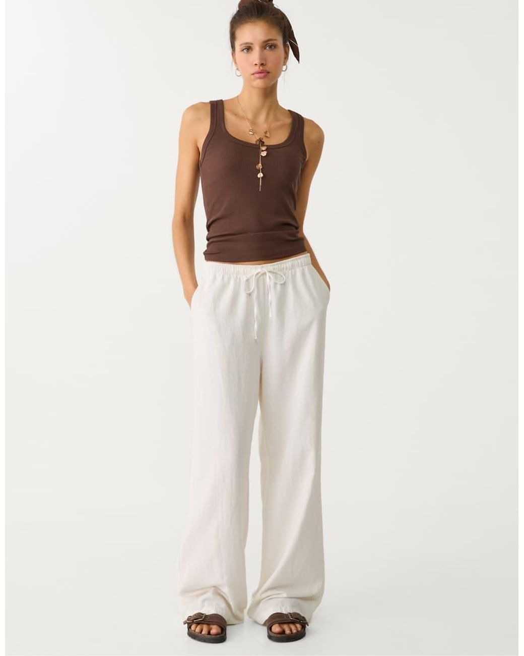 Stradivarius White Petite Flowing Trousers With Linen