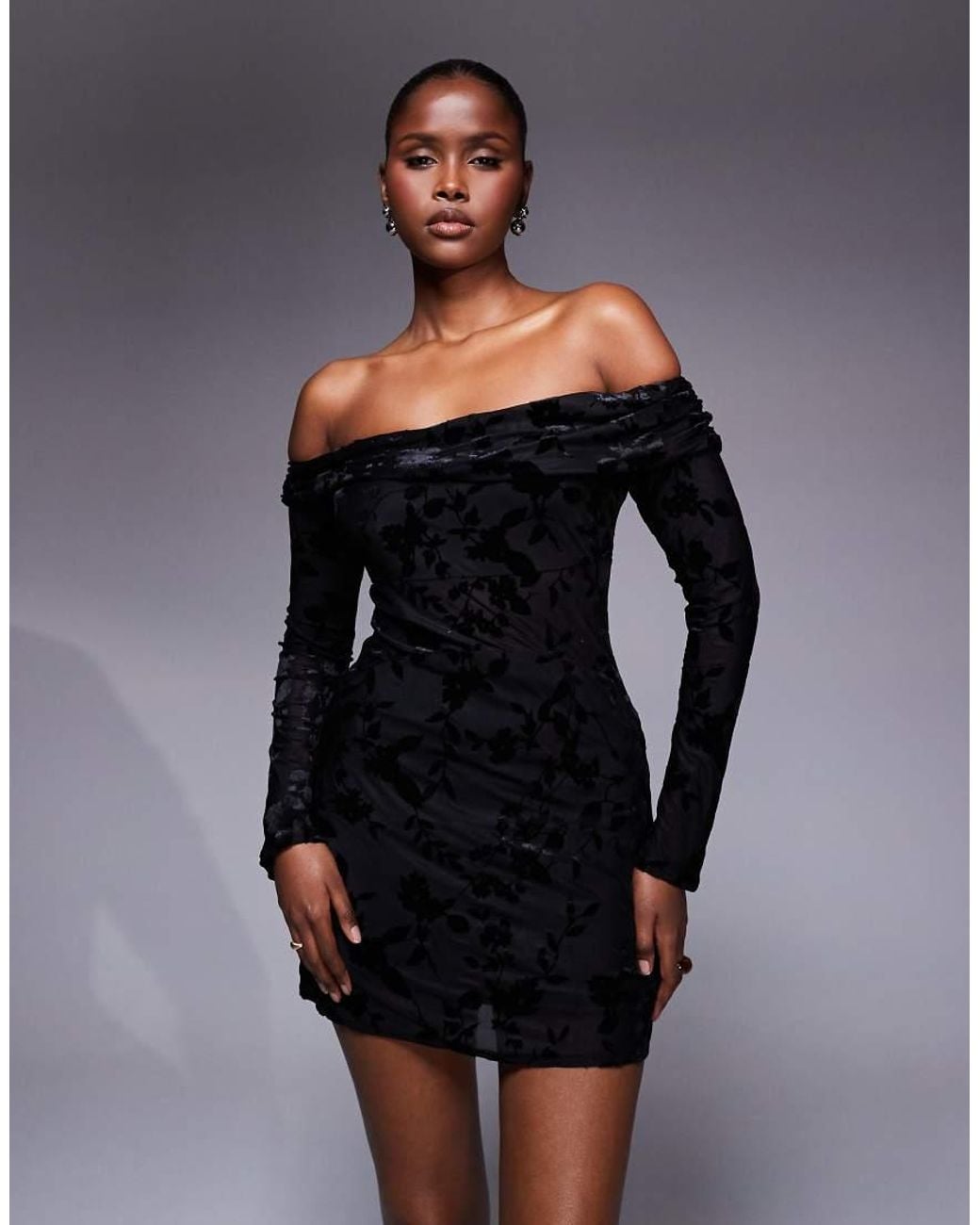 TFNC London Black Off Shoulder Long Sleeve Mini Dress