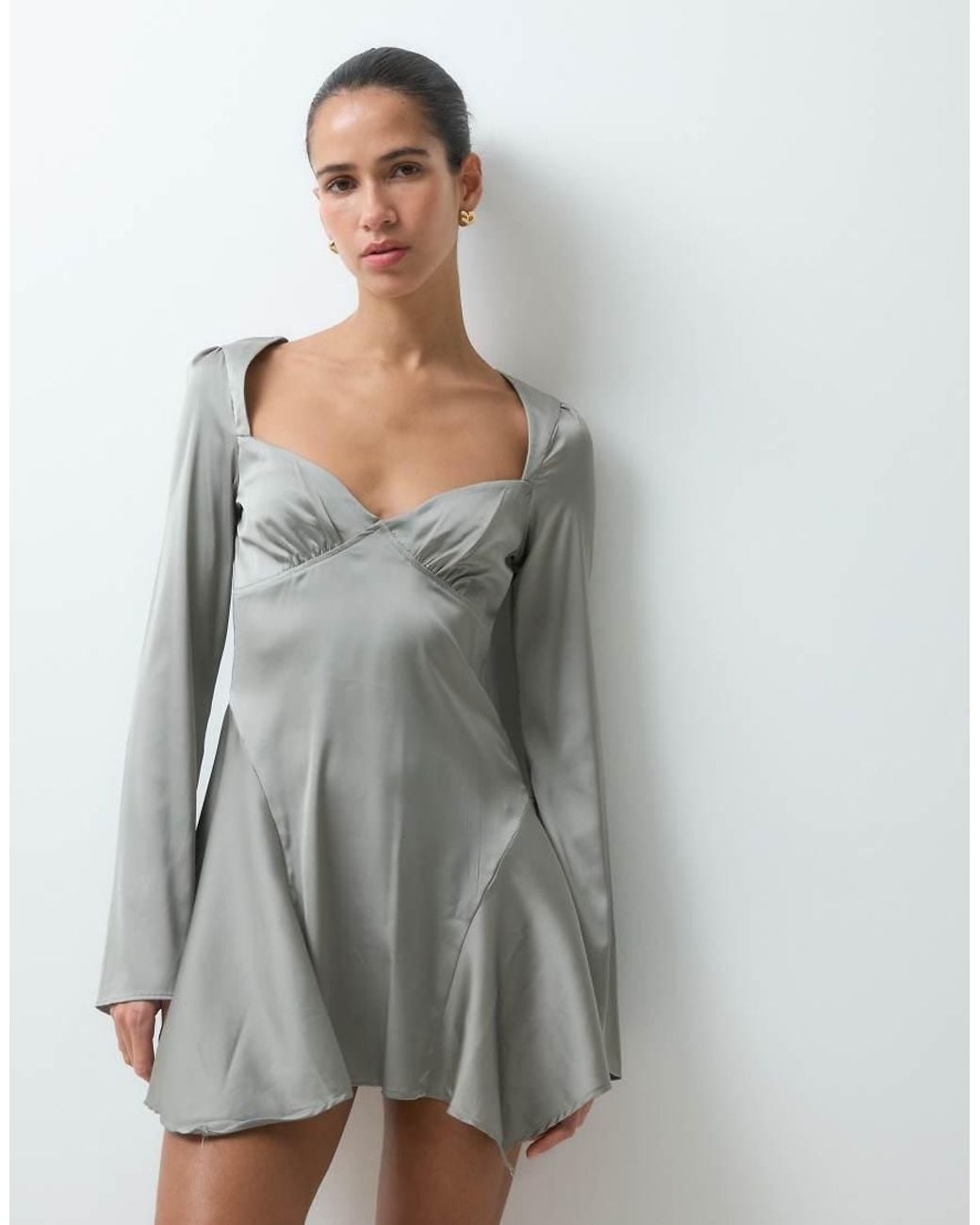 Monki Gray Asymmetric Long Sleeve Mini Dress With Open Back