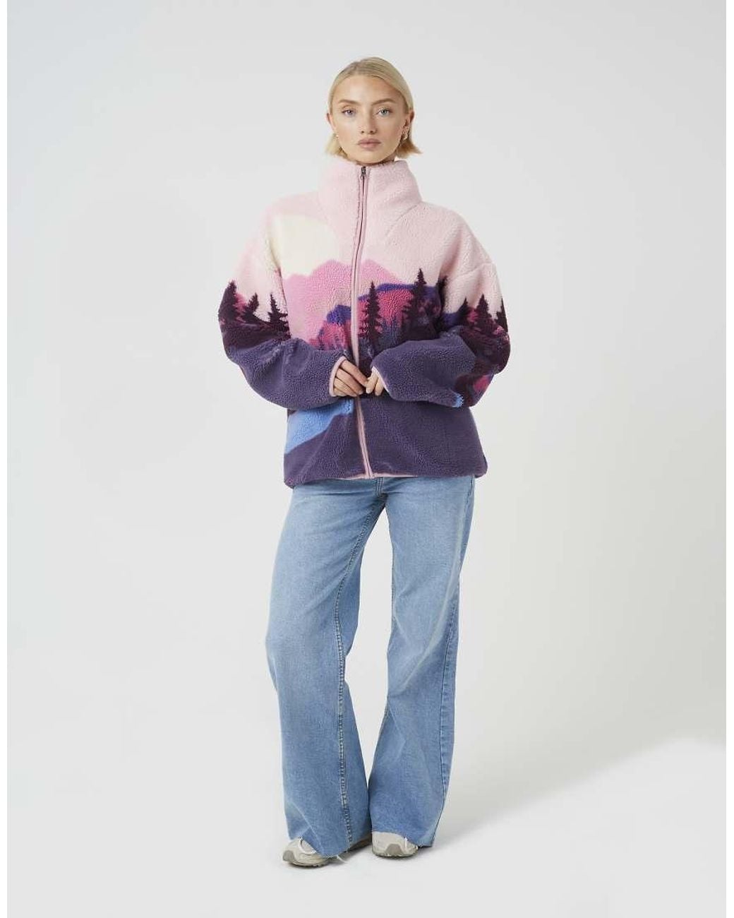 Brave Soul Purple Sherpa Fleece Landscape Print Zip Sweatshirt