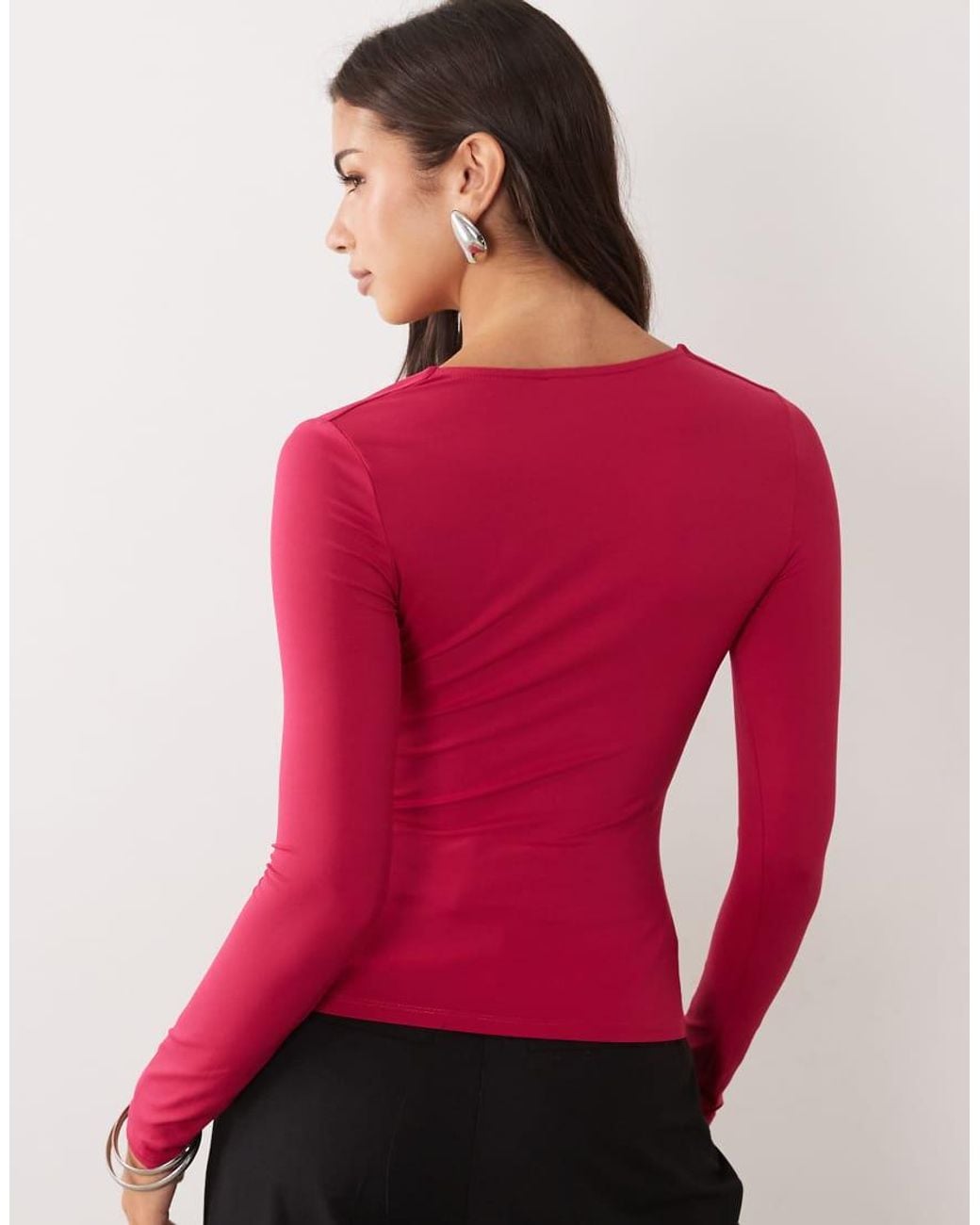 ASOS Red Polyamide Long Sleeve U-trim Scooped Neck Top