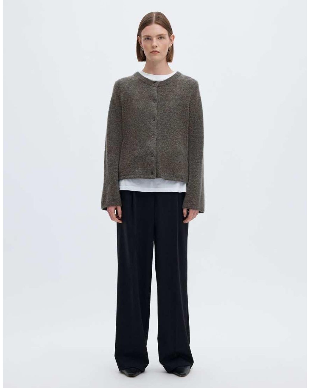 SELECTED Gray Lulu Ribbed Crew Neck Wool-Blend Knitted Cardigan