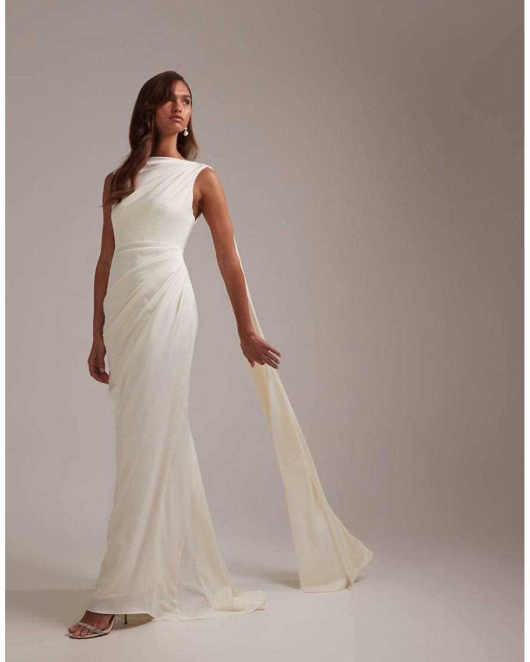 ASOS Natural Slash Neck Wedding Dress With Draped Back And Scarf Detail